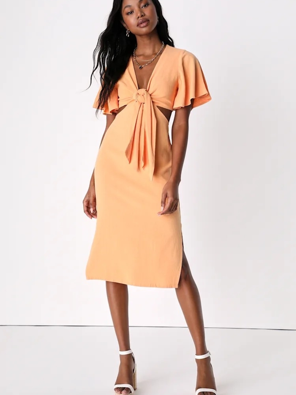 Lulu's Apricot Tie-Front Midi Dress with Flutter Sleeves